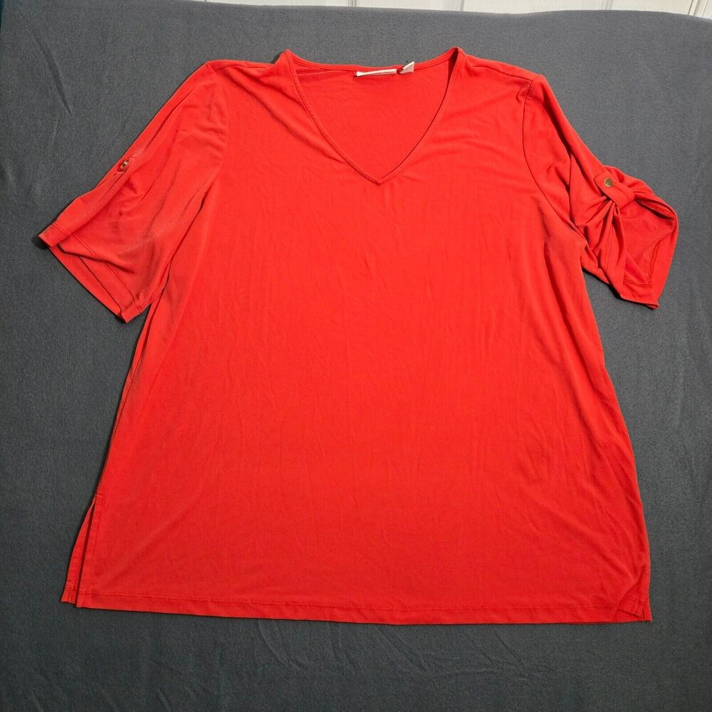 Susan Graver Blouse Women XLP Orange Tunic V Neck Liquid Knit Roll Tab